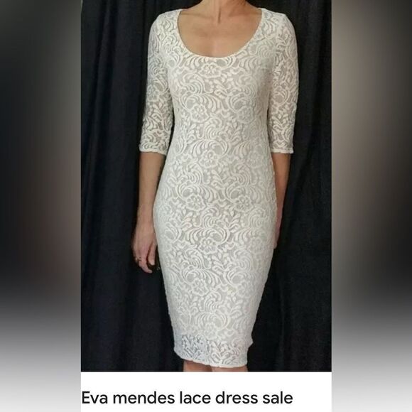 Eva Mendes for New York & Company White Lace Crotchet Midi Dress Sz 2 3/4 Sleeve - Picture 11 of 17